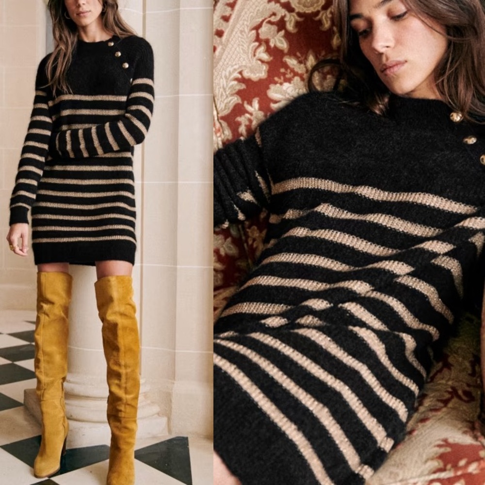 Sezane Black and Tan Striped Mini Sweater Dress